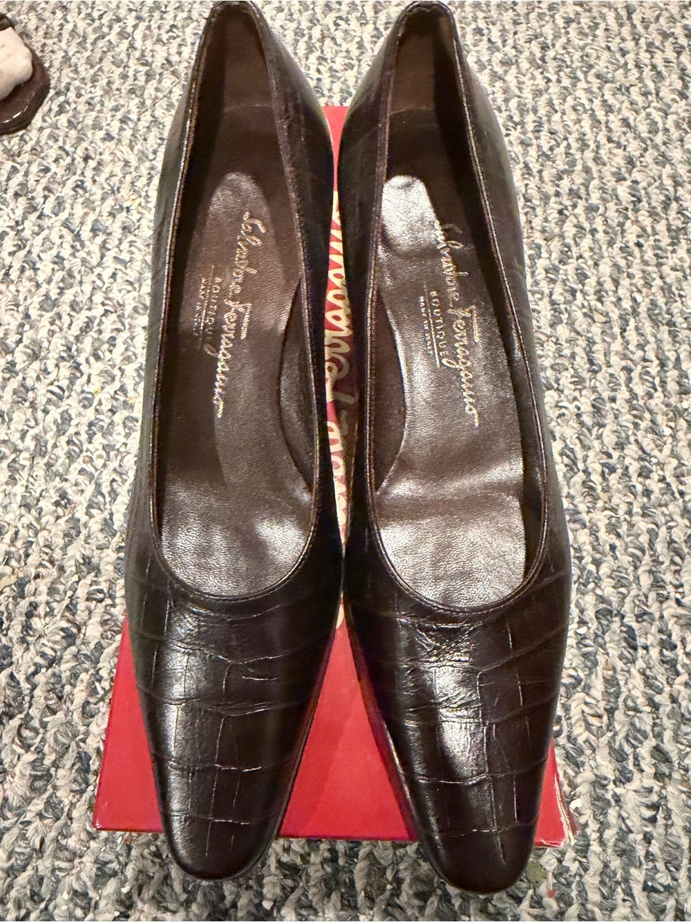 Salvatore Ferragamo Dark Brown Croc-Embossed Leather Flats